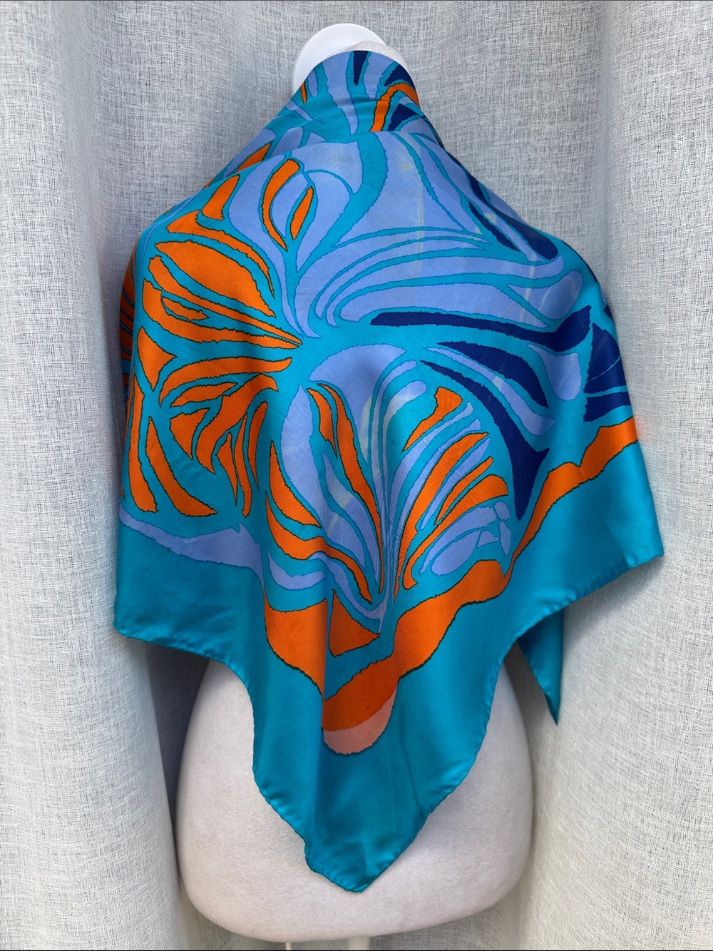 vibrant square silk scarf blue, orange, pink abstract wave print